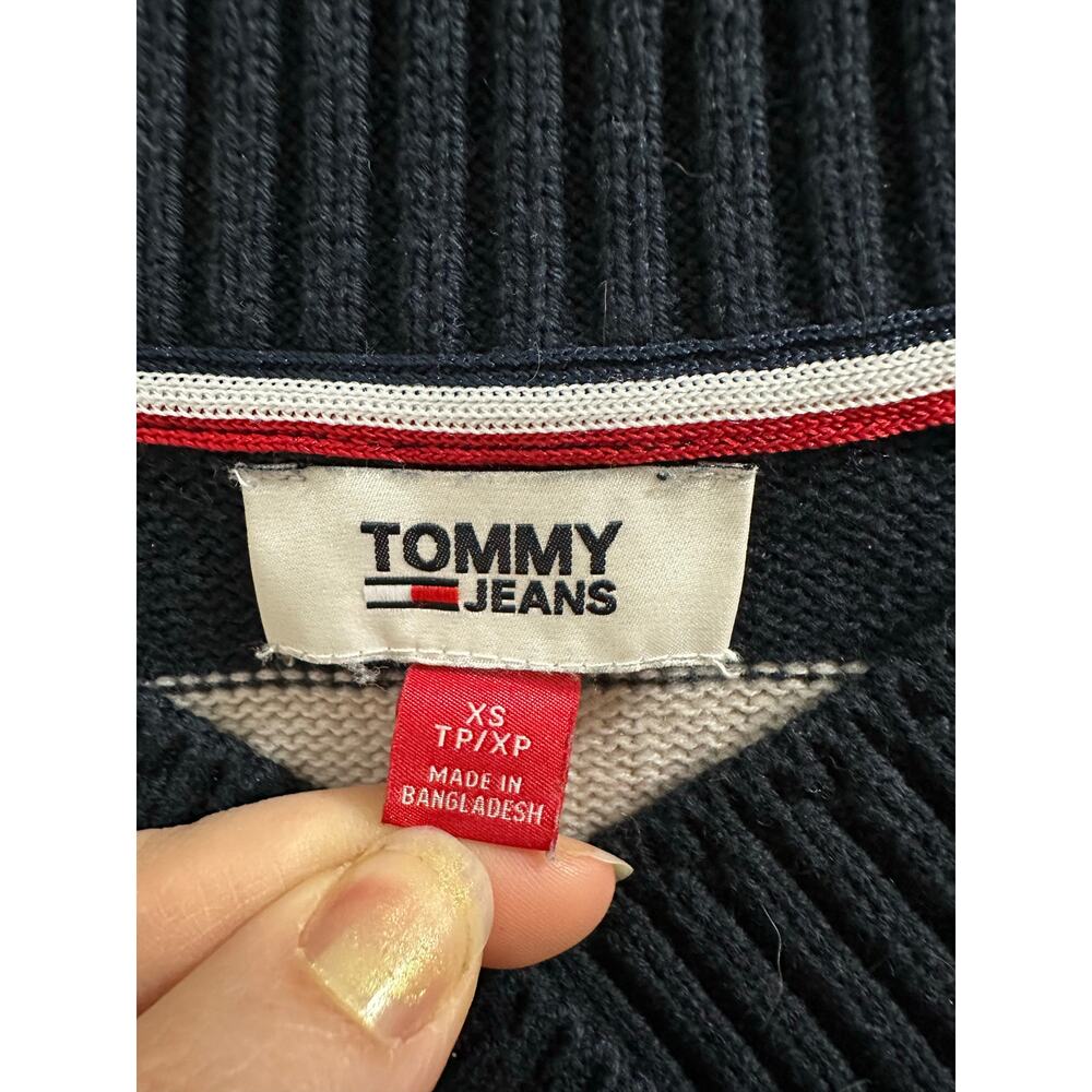 Tommy Jeans Navy White Striped V-neck Pullover Knit Sweater Thick Stripes XS/S - Picture 5 of 7